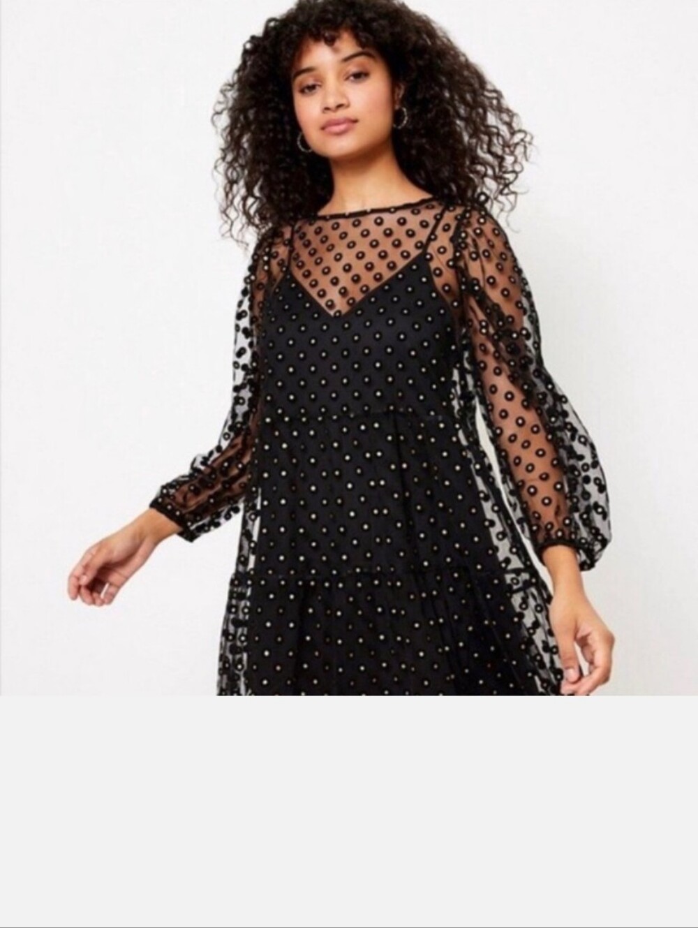 LOFT Plus Black Mesh Long Sleeve Dress with Gold Polka Dots